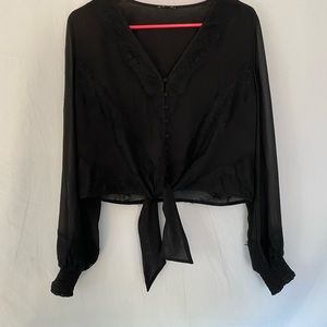 Guess Blouse Womans Small Black Nilda Lace Trim Tie Front V Neck Top